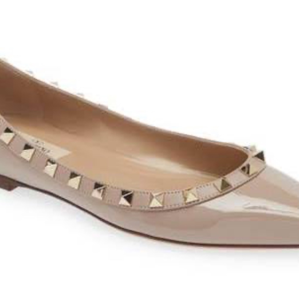 Valentino Women's Patent Rockstud Pointed Toe Ballerina Flat, Tan, 38.5